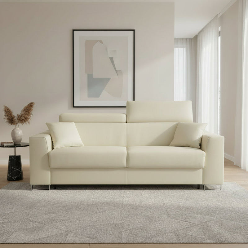 Monica 87" Genuine Italian Top Grain Leather Queen Wide Arm Sleeper Sofa Bed with Memory Foam Mattress