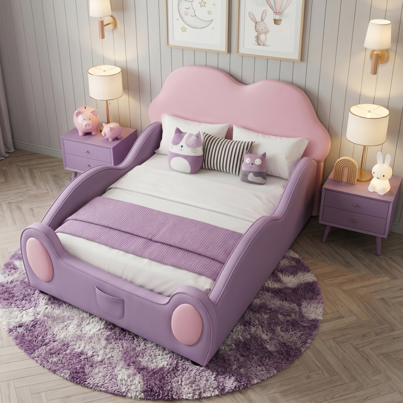 Twin Size Cloud Upholstered Kids Bed, Leather Toddler Bed with Solid Wood Frame, Side Storage Pocket & Low Safety Guardrail for Kids Bedroom