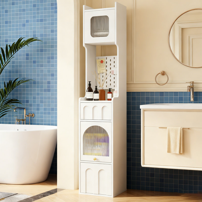 Tall Bathroom Storage Cabinet with Drawers, Glass Doors and Pegboard