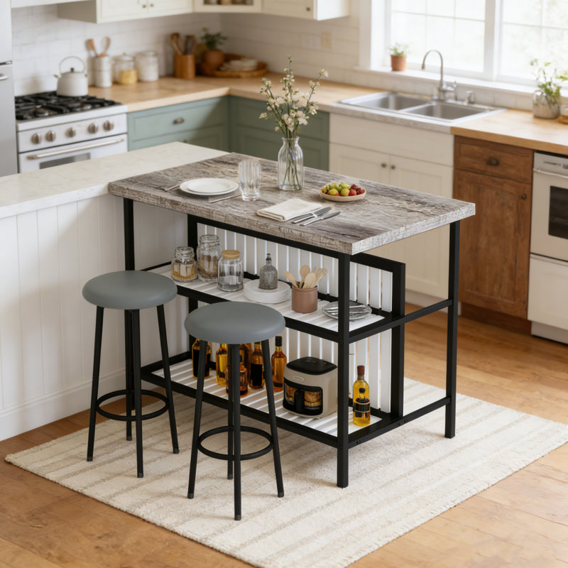 Îlot de cuisine avec tablettes de rangement et de sièges, table à hauteur de comptoir en grain de bois avec 2 tabourets de bar pour la cuisine, table de bar moderne de 3 pièces et chaises pour 2 pour petits espaces