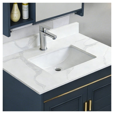 Comptoir de salle de bain 31 po en quartz blanc Carrara avec lavabo encastré, trou de robinet pré-percé et dosseret