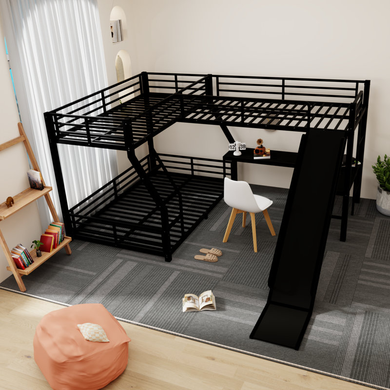 Black Metal Twin Over Full L-shaped Bunk Bed With Loft Bed And Usb With Slide, Twin/Twin Over Full