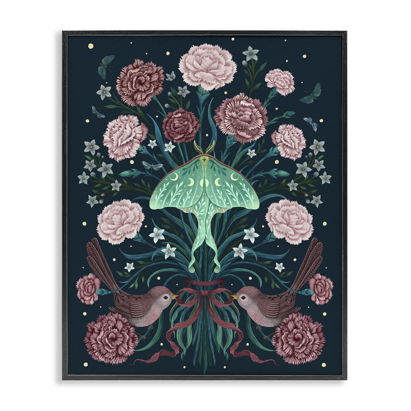 Œillets de janvier et papillon de nuit, estampe numérique, conception par Episodic Dessins, Giclée noire de minuit encadrée