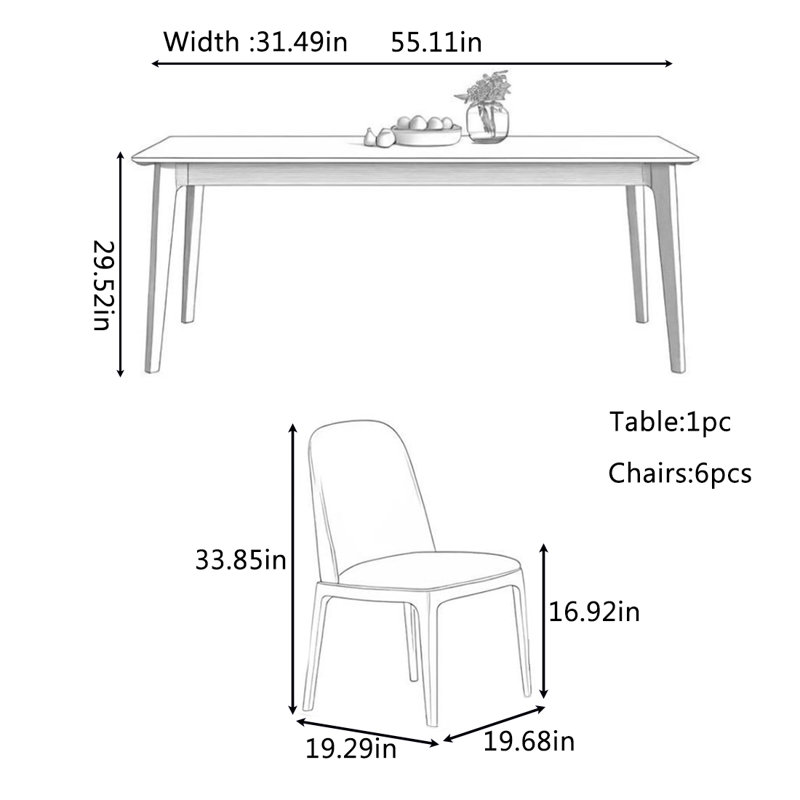 Ensemble de table et chaises de salle à manger moderne avec dalle de roche., H 29,52 po x L 55,11 po x l 31,49 po