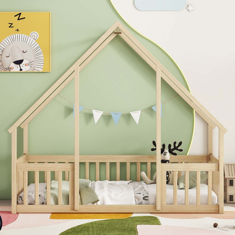 House-Shaped Floor Bed With Fence, Guardrails, Natural, Full
