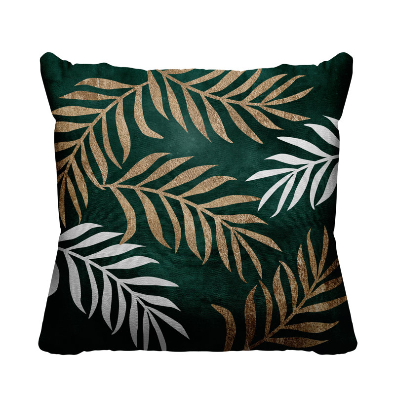 Coussin intérieur / extérieur Bobo Fern, L 15 po x H 15 po, Émeraude / or / blanc