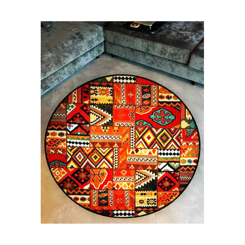Multicolored Patchwork Ethnic Pattern Woven Base Modern Decorative Carpet, Round 3'4"