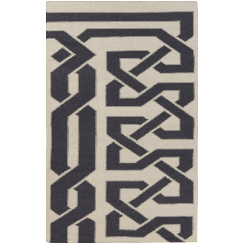 Tapis blanc / noir en laine tissé à plat à la main à motif abstrait Alameda, Rectangle 2 pi x 3 pi
