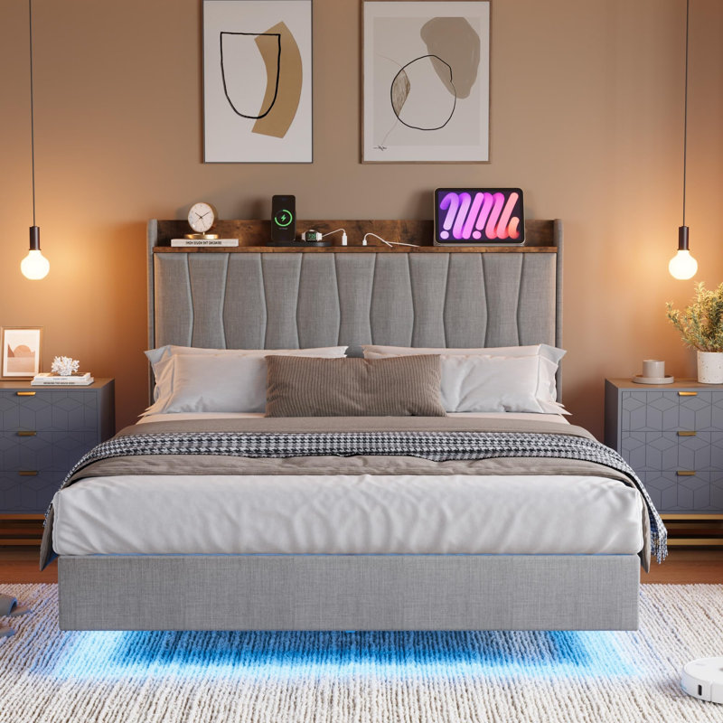 Base de lit flottante avec lumières DEL et station de charge USB - Lit plateforme tapissier moderne avec tête de lit, gris