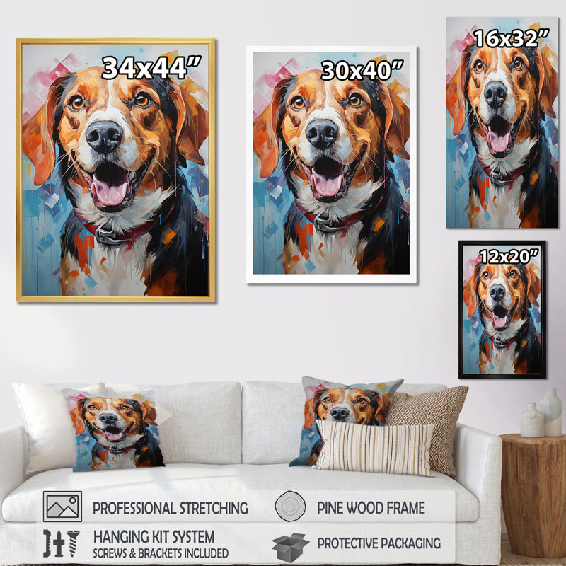 Beagle Bliss V sur toile, Cadre naturel flottant, H 40 po x l 30 po x P 1,5 po