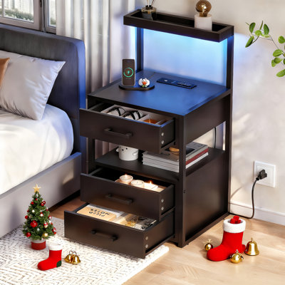 Black Wood Nightstand with 3 Drawers and USB Outlet Charging Station Bed Side Table