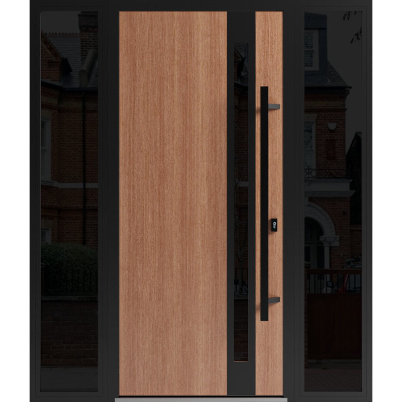 Front Exterior Prehung Steel Door Ronex 1033 Teak 2 Side Exterior Windows Sidelites/ Entry Metal Modern Painted W16+36+16 x H80 Left hand Inswing