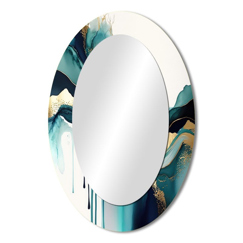 Teal And Gold Abstract Expression IV - Teal Modern Oval Wall Mirror, 36" x 24"