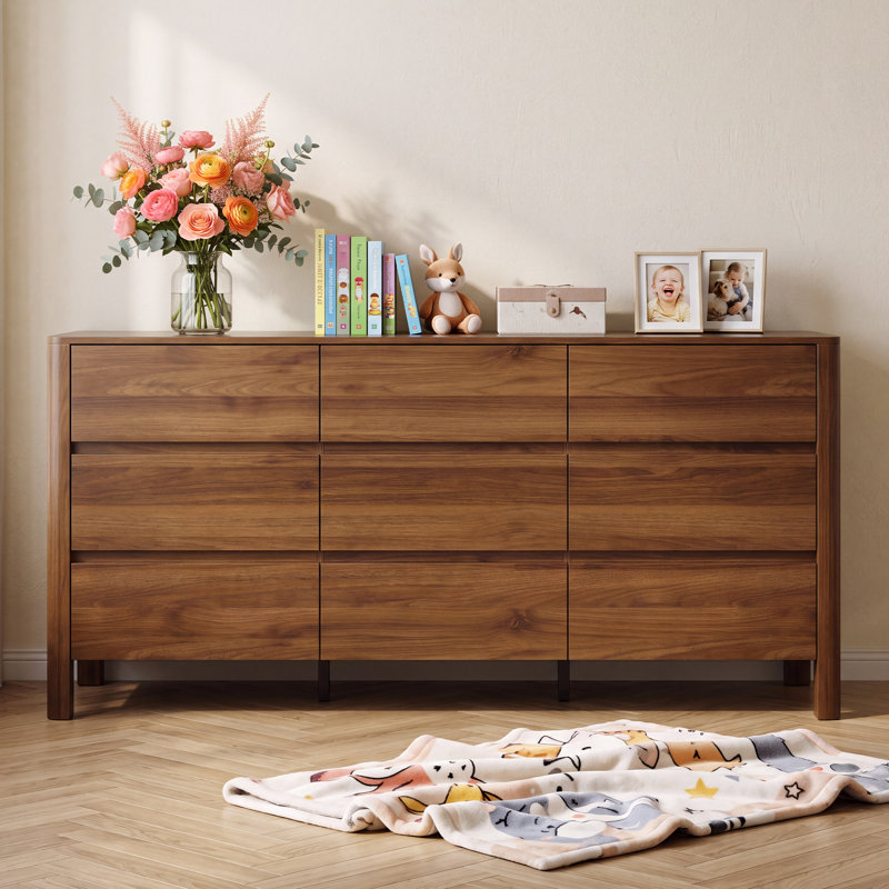 Commode 9 tiroirs en noyer pour chambre à coucher, commode moderne de 51 po de largeur avec 9 grands espaces de rangement à bord arrondi, grande commode pour chambre à coucher, noyer
