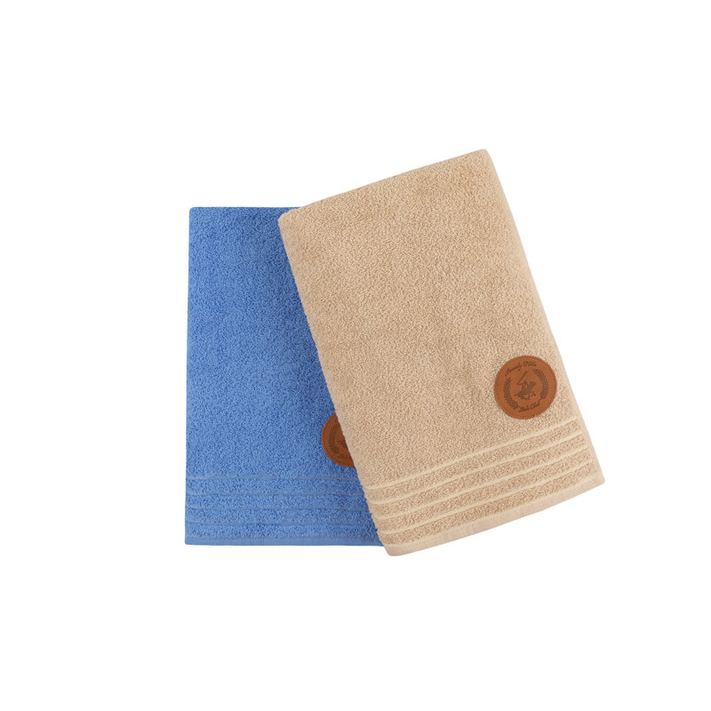 Ensemble de 2 serviettes de bain 100% coton, Bleu/crème