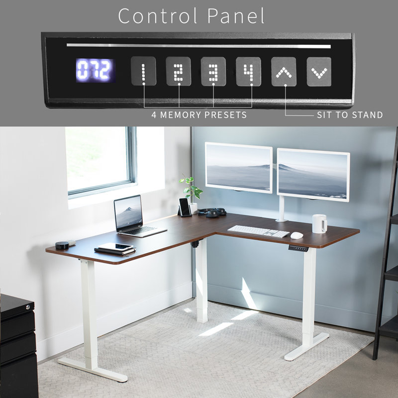 Dark Walnut and Black L-Shaped Adjustable Standing Desk with Keyboard Tray