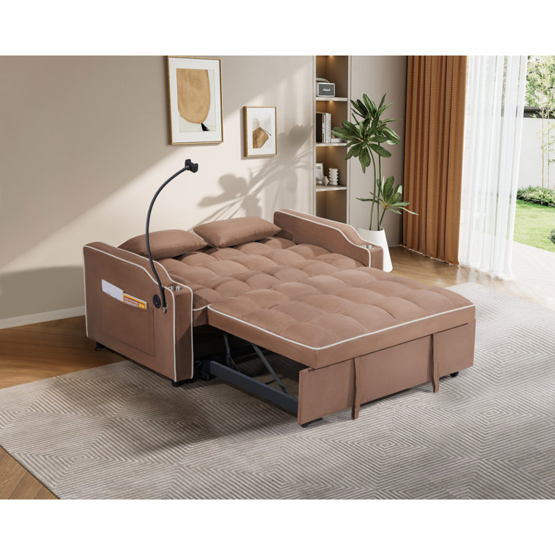 Velvet Pull-out Sleeper Sofa Bed, Adjustable Back and with USB Pport, swivel phone stand, Brown