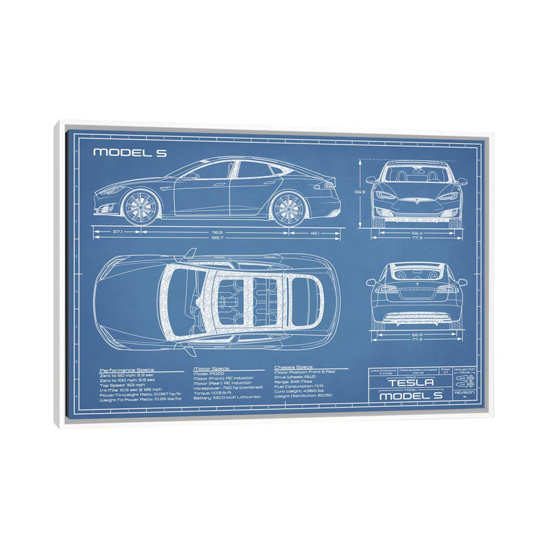 Modèle Tesla S (2016-2020) Blueprint-impression de dessin, Pas de tapis, H 26 po x l 40 po x 1,5 po, Toile blanche encadrée
