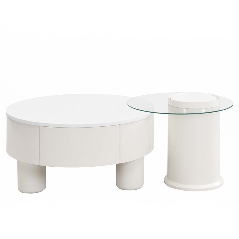 Ensemble de 2 tables basses rondes gigognes, Plateau blanc / base blanc cassé
