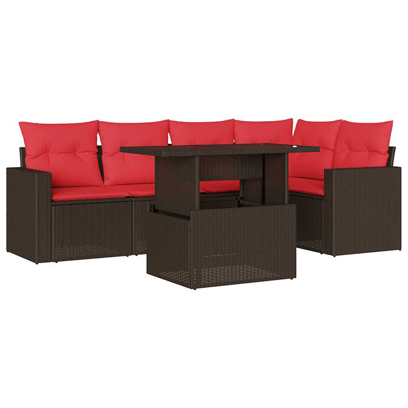 Ensemble de canapé de patio 6 pièces avec coussins en rotin de polyester, Rouge, Brun