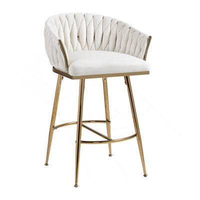 Tabouret de bar 26 po à hauteur de comptoir en velours pour îlot de cuisine avec dossier ondulé à la main, base chromée dorée et repose-pieds (BEIGE)