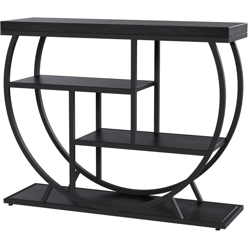 39 in Farmhouse Console Table for Entryway. 4 Tier Rustic Hallway Table with Storage & Semi-Circular Metal Frame. Narrow  Furniture for Living Room. Apartment. Behind Sofa. Black