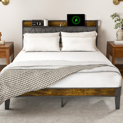 Modern Bed Frame with Charging Station and Upholstered Headboard