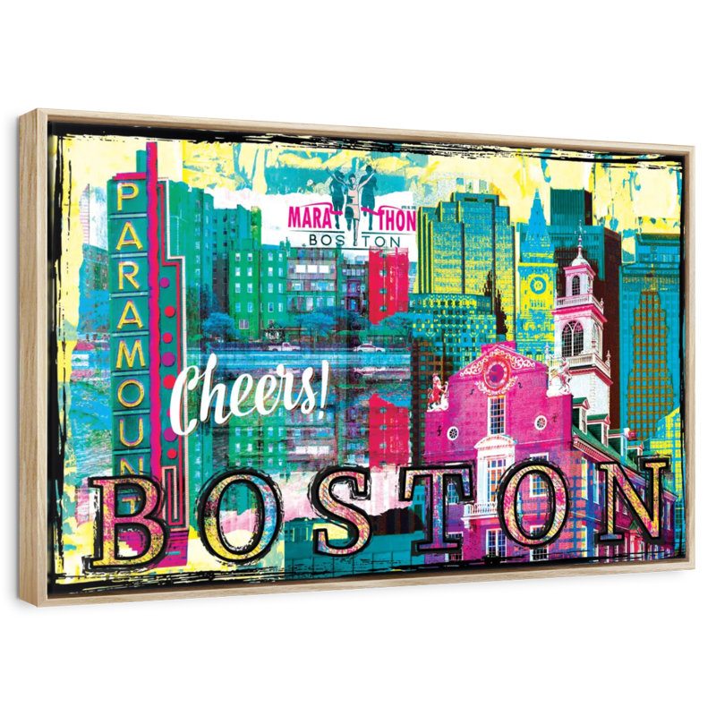 Repères grunge de Boston City, Cadre flottant en bois naturel, 25 po x 17 po