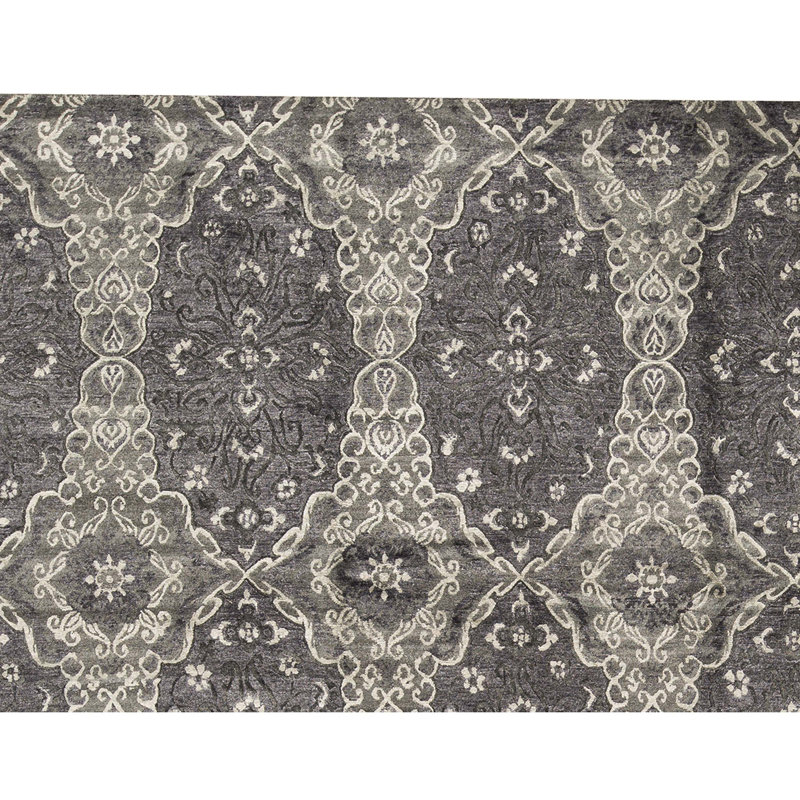 Wool Damask Area Rug in Charcoal/Ivory