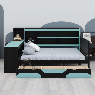 All-in-One Gaming Bed with Built-in Desk, Ambient Lights, and Charging Station, Space-Saving Daybed with Storage Drawers