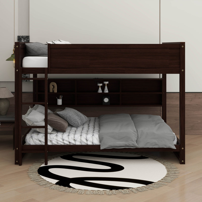 Lit superposé grand sur grand avec rangement, Brun