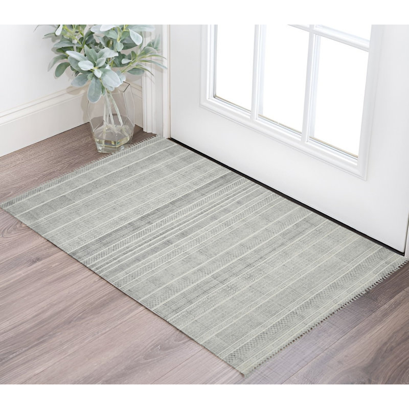 Tapis ivoire et noir tissé à plat à la main 2 pi x 3 pi avec franges