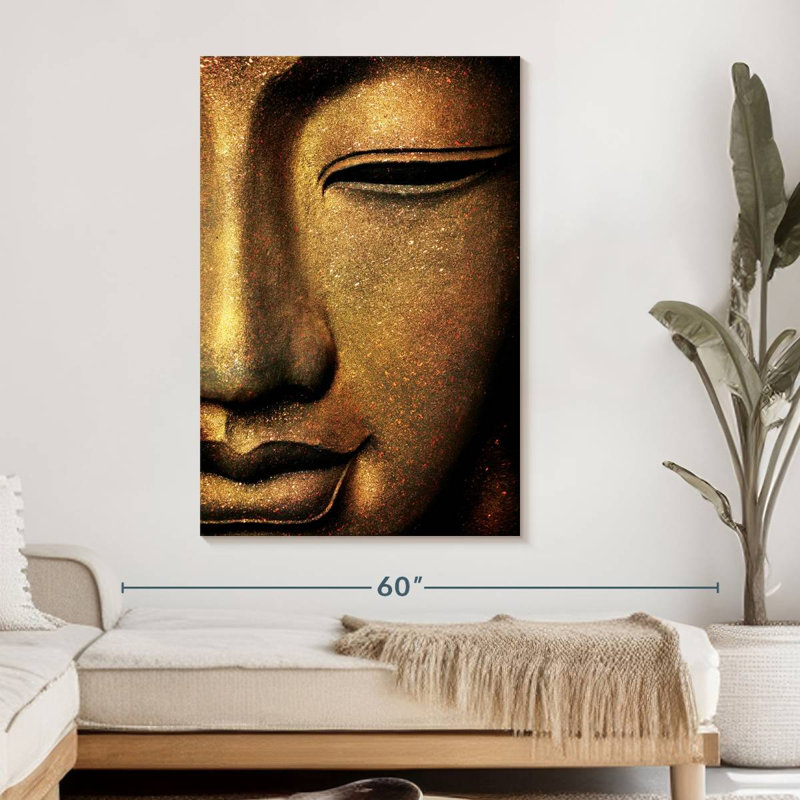 Visage de Bouddha doré sur toile, H 48 po x l 32 po x P 1,25 po