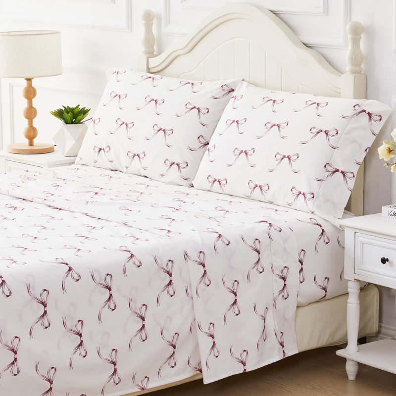 Bows Printed Cotton Percale Sheet Set, Queen Sheet Set with 2 Pillowcases, Pink