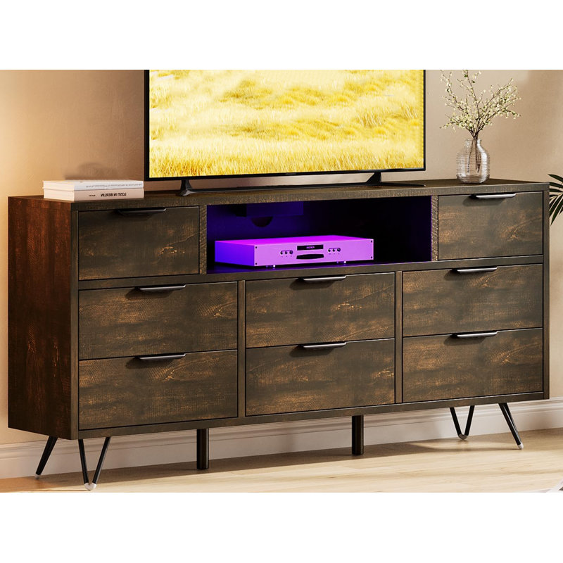 Meuble télé 8 tiroirs avec prise de courant, commode moderne en bois, Ancien