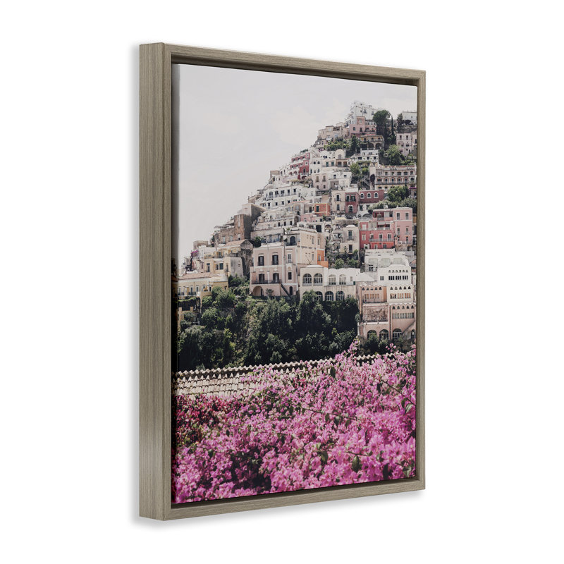 "Positano Town Architecture", art mural encadré par Sissi et Seb, H 21 po x l 17 po, Cadre flottant orme Montalcino