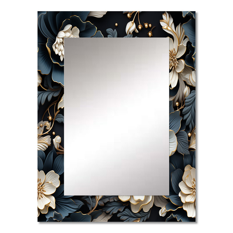 Kerisa Elegant White and Gray Floral Gardens - Miroir mural décoratif floral, grand miroir de maison de campagne, reproduction d'art en métal