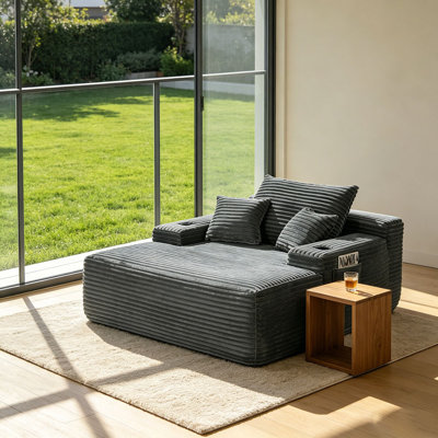 Chaise longue rembourrée en velours côtelé 65 po avec coussins décoratifs et porte-gobelet, canapé-lit intérieur avec accoudoirs - aucun assemblage requis