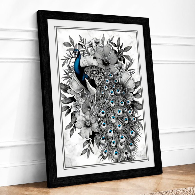 Ornamental Peacock Study Botanical - Framed Print, A2 - 59.4 x 42.0 cm, Black