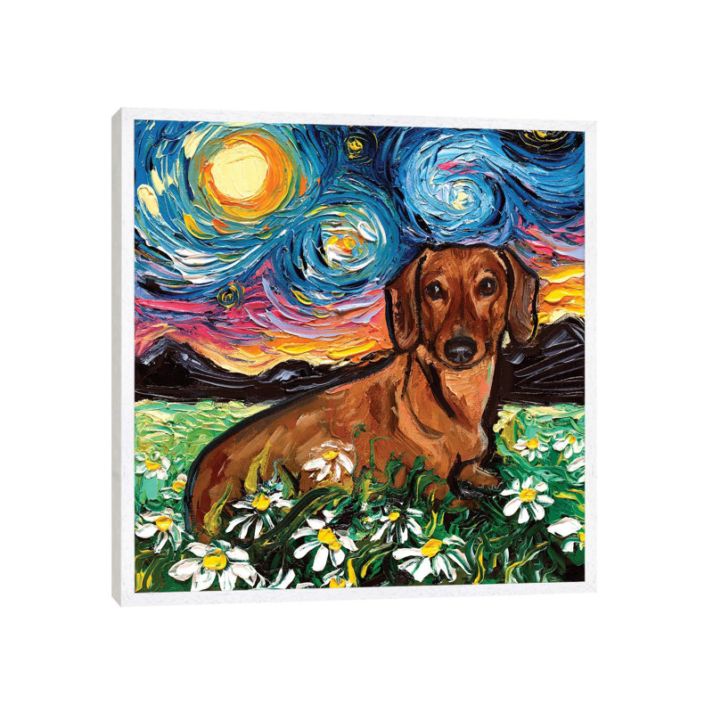 Daisy Dachshund Night by Aja Trier - Painting on Canvas, 93.98 cm H x 93.98 cm W, White Framed Canvas