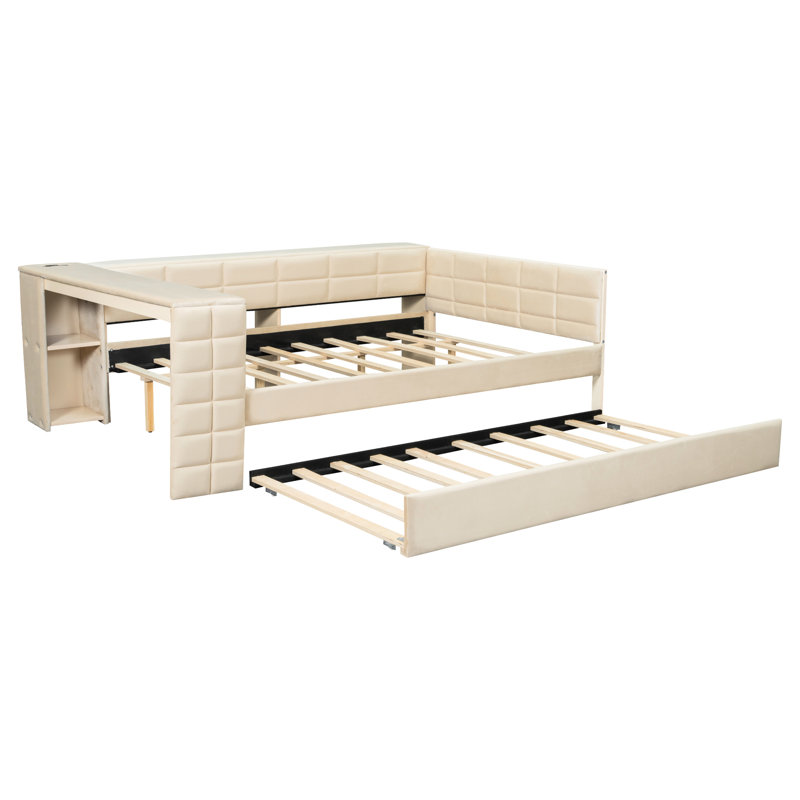 Lit plateforme tapissier pleine grandeur avec tablettes de rangement, bureau, station de charge et lit gigogne, beige, Beige