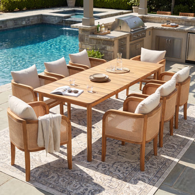 Armand 8-Person Mid-Century Modern Acacia Wood Outdoor Dining Set with Woven PE Rattan Arm Chairs and Slatted Table