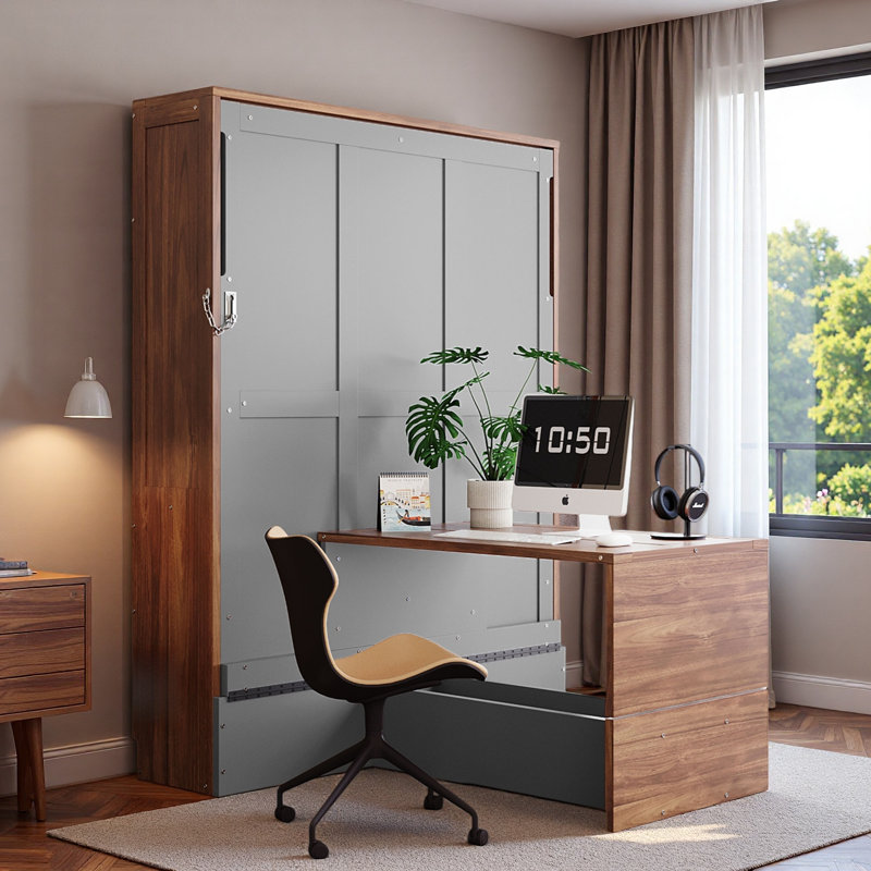 Lit escamotable avec bureau pliable Murphy, Gris/noyer