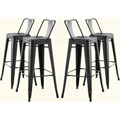 Ensemble de 4 tabourets de bar 30 po noir sablé industriel rustique contemporain avec dossier en forme de seau, noir mat