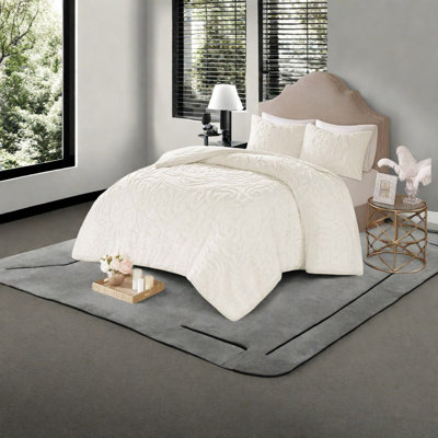 Elegant Cotton Chenille Bedding Set, Off-white Medallion Design, All-season Comfort King/cal King
