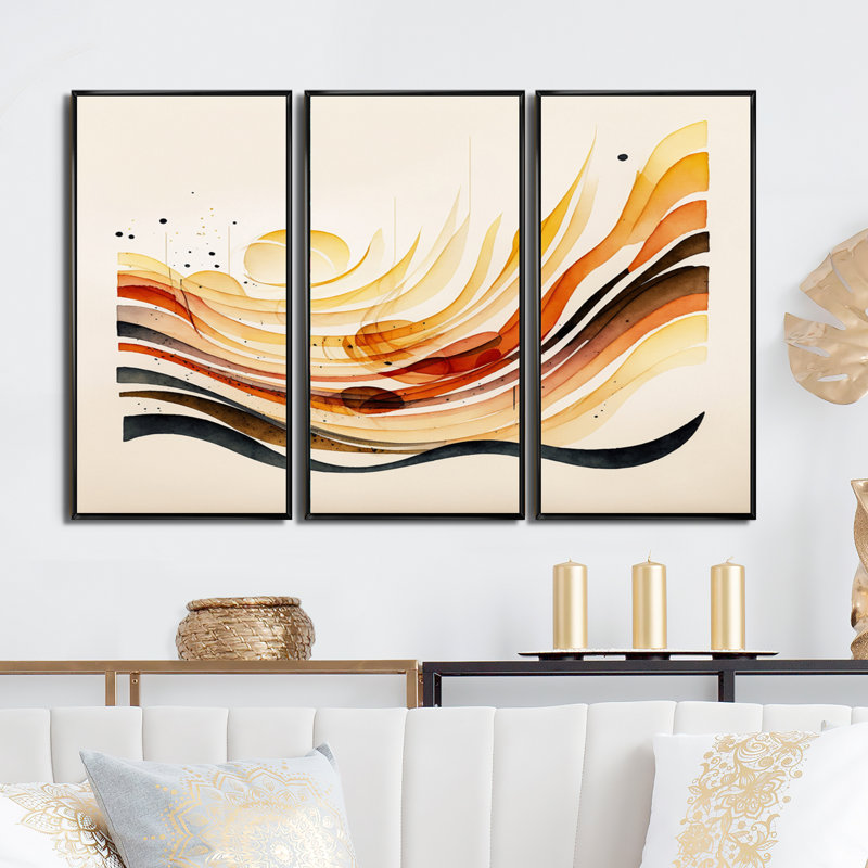 «Burnt Orange Waves Abstract IV», ensemble d'art mural moderne sur toile, H 32 po x l 48 po x P 1 po, Cadre noir