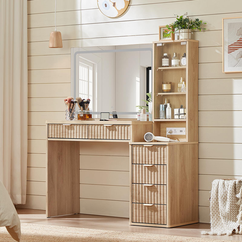 Vanity Desk With Mirror And Lights, 43.5'' Fluted Makeup Vanity With 6 Drawers And Adjustable Shelves,Wood Make Up Vanity Dressing Table With Glass Top And Power Outlet For Bedroom (No Chair)