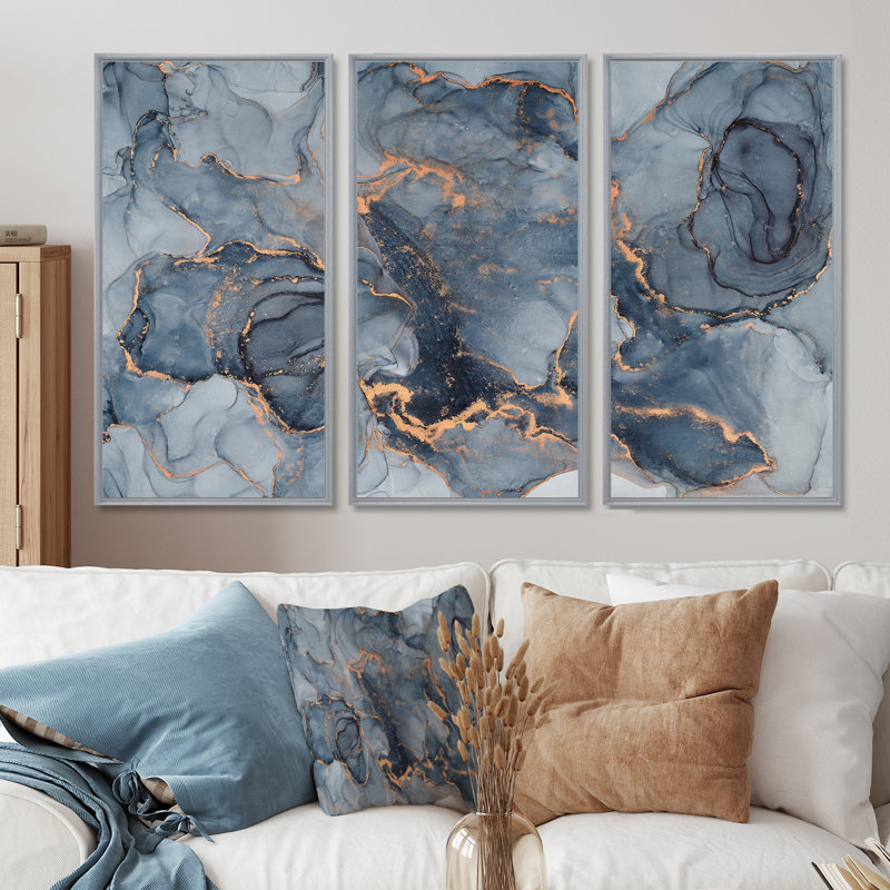 Art or noir infusé liquide III - ensemble d'art moderne sur toile encadrée moderne 3, H 40 po x l 60 po, Argent