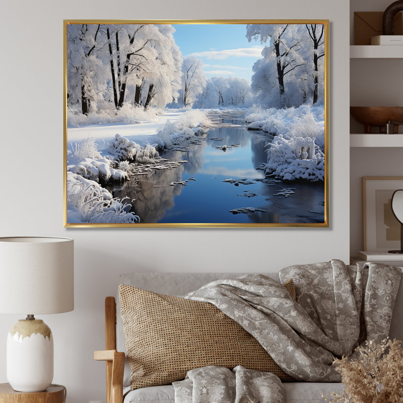" Winter Landscape River Reflection I ", Gold Floater Framed, 16" H x 32" W x 1" D