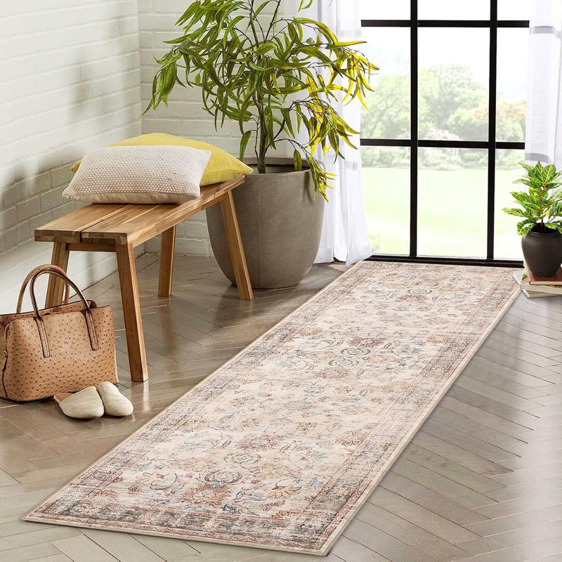 2x6 Runner Hallway Rug Machine Wash Non-Slip Enrteway Laundry Room Rug Throw Low-Plie Vintage Mat Distressed Carpet for Kitchen Bathroom Red Borwn